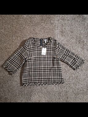 NWT Mo:Vint Tweed Houndstooth Plaid Pullover Top Mocha Black S